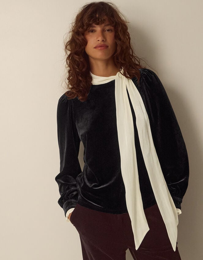 Tia Tie Neck Velvet Top, Black (BLACK), large