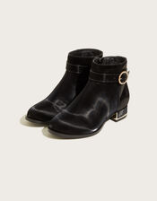 Diamante Buckle Heeled Boots, Black (BLACK), large