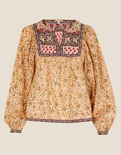Premium Boho Bib Embellished Top, Natural (NATURAL), large