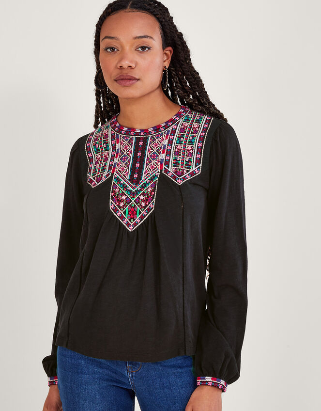 Embroidered Jersey Top Black