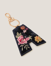 Floral Embroidered Initial Keyring, Black (BLACK), large