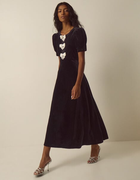 Bella Puff Sleeve Embellished Bow Velvet Dress, Black (BLACK), large
