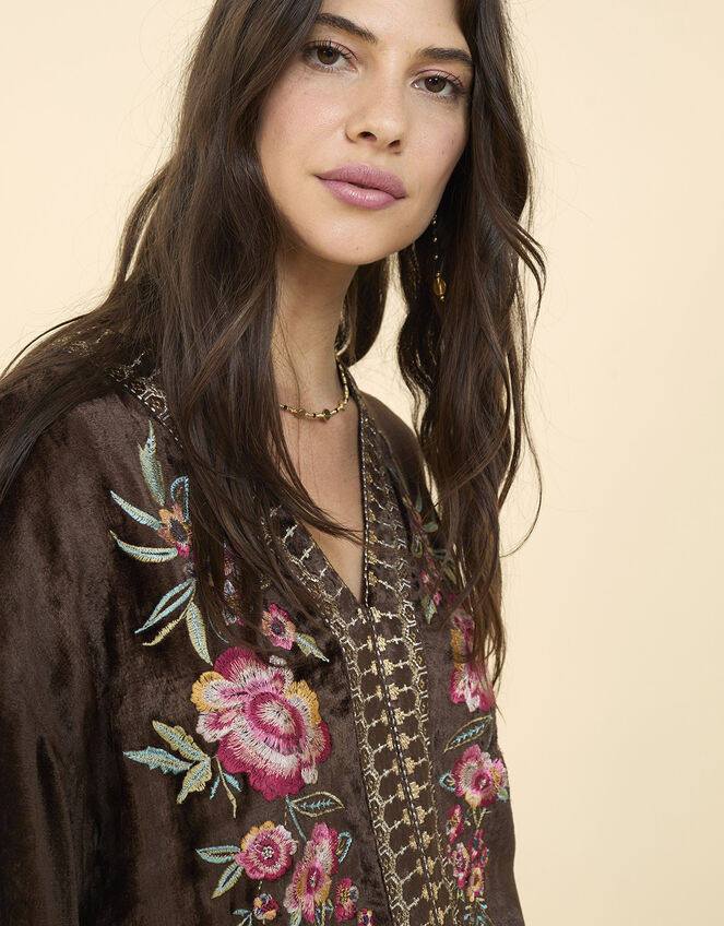 East Kora Embroidered Velvet Top, Brown (BROWN), large