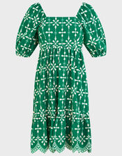 Embroidered Puff Sleeve Short Dress in Sustainable Cotton, Green (GREEN), large