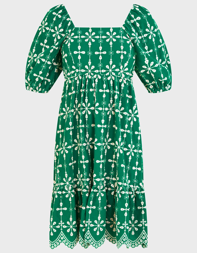 Embroidered Puff Sleeve Short Dress in Sustainable Cotton, Green (GREEN), large
