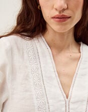 Jayla V-Neck Lace Linen Blouse, White (WHITE), large