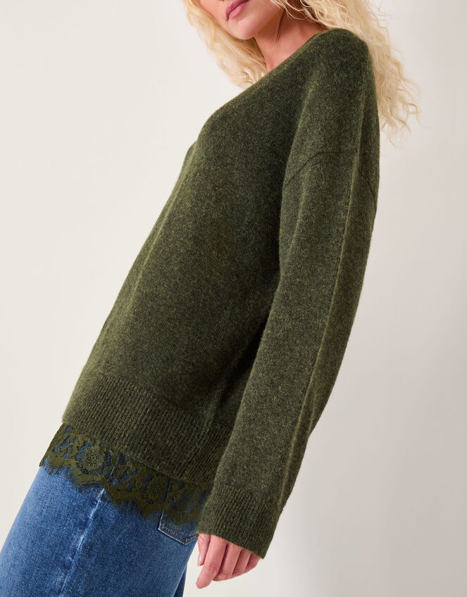 Leanne Lace V-Neck Sweater, Green (KHAKI), large