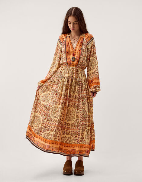 Ines Floral Print Midi Dress, Natural (STONE), large