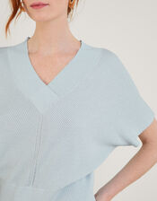Loose V-Neck Metallic Short Sleeve Jumper, Blue (BLUE), large