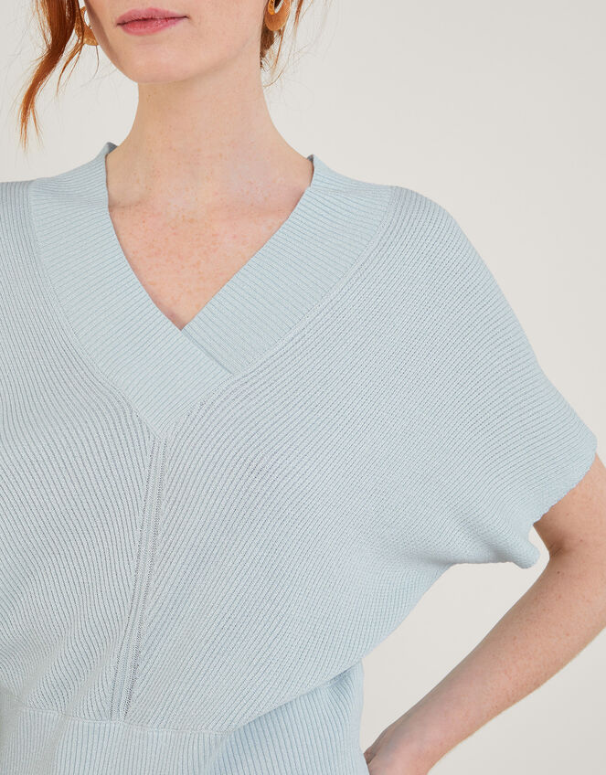Loose V-Neck Metallic Short Sleeve Jumper, Blue (BLUE), large