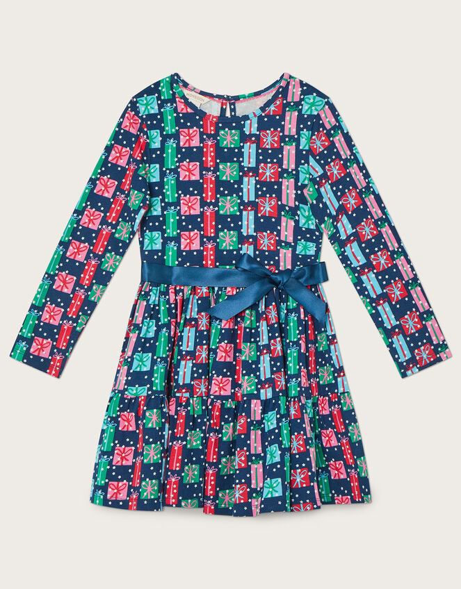 Christmas Present Tiered Jersey Dress, Blue (NAVY), large