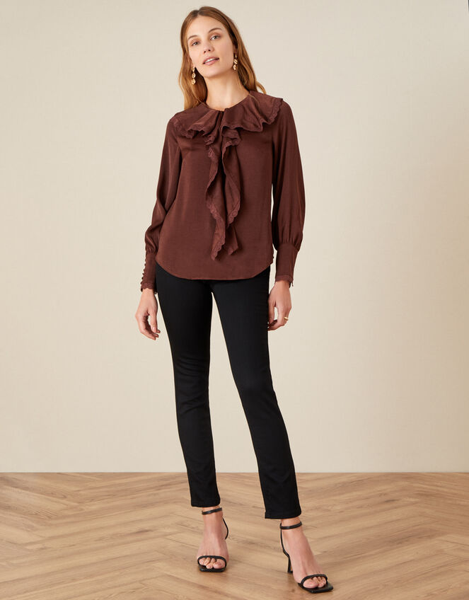 Quinn Ruffle Satin Long Sleeve Blouse, Brown (CHOCOLATE), large