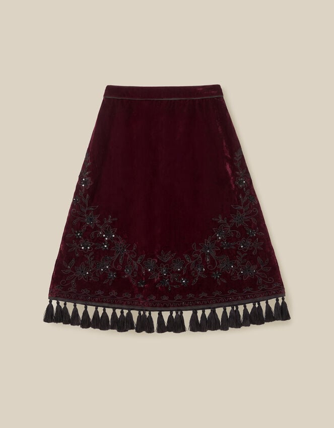 Mila Embellished Velvet Knee Length Skirt, Red (BURGUNDY), large