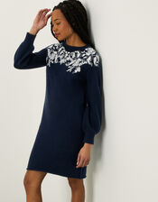 Floral Embroidered Yoke Dress with Recycled Polyester, Blue (NAVY), large