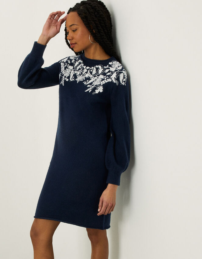 Floral Embroidered Yoke Dress with Recycled Polyester, Blue (NAVY), large