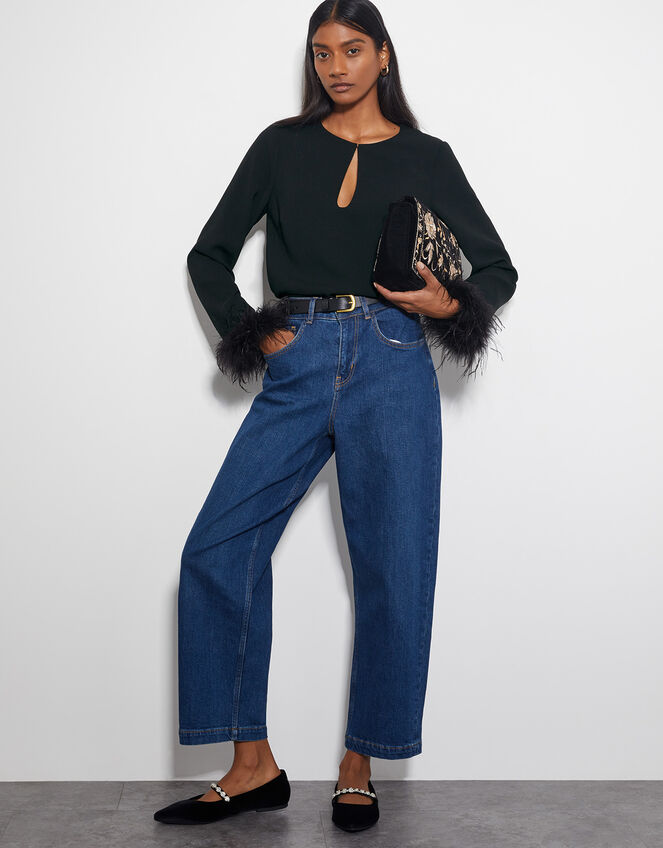 Tiggy Long Sleeve Feather Top, Black (BLACK), large