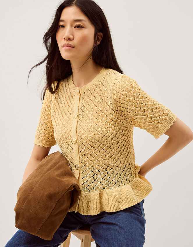 Shea Short Sleeve Ruffle Knit Cardigan, Yellow (YELLOW), large
