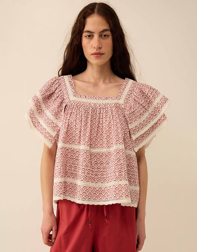 East Alina Printed Floral Lace Insert Top, Pink (PINK), large