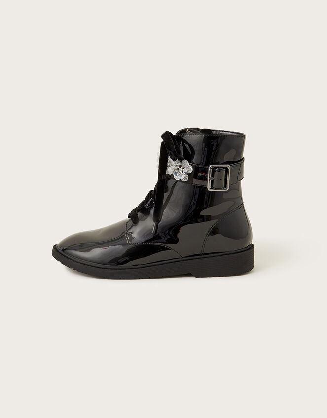 Flo Patent Sequin Biker Boots, Black (BLACK), large