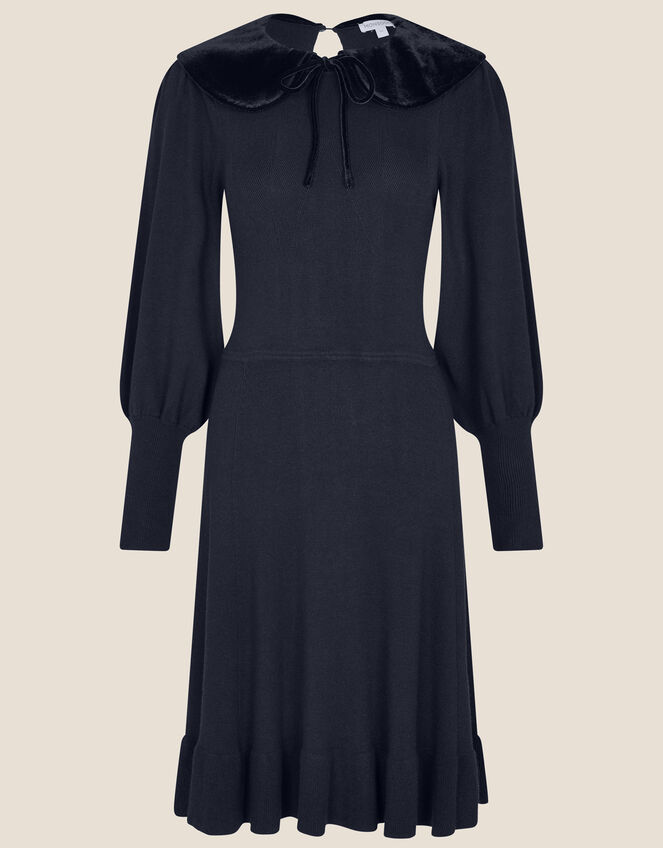 Velvet Tie Collar Long Sleeve Dress, Blue (NAVY), large