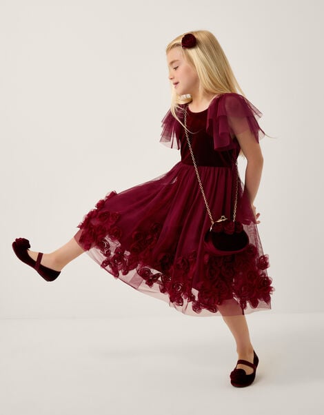 Eden Velvet Rose Appliqué Party Dress, Red (BURGUNDY), large