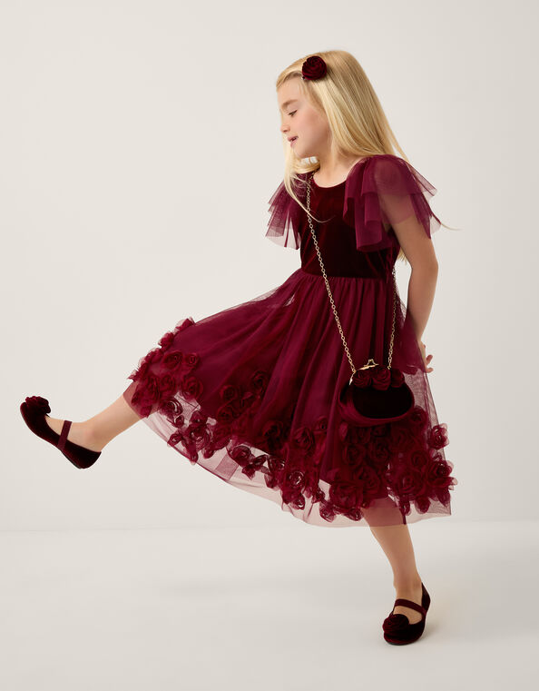 Eden Velvet Rose Appliqué Party Dress, Red (BURGUNDY), large
