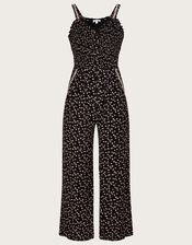 Dot Print Shirred Jumpsuit, Black (BLACK), large