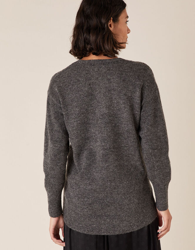 Floral Bead Knit Jumper with Recycled Fabric, Grey (CHARCOAL), large