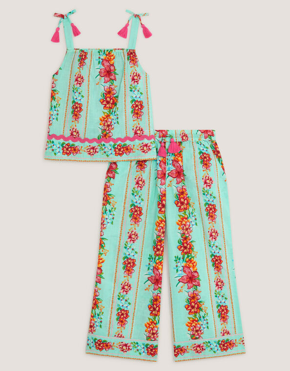 Vintage Floral Tank Top & Pants Set, Blue (AQUA), large