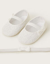 Baby Lace Booties and Bow Headband Set, Ivory (IVORY), large