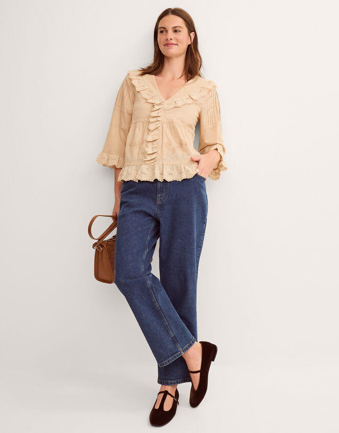 Petra Embroidered Ruffle Blouse, Camel (CAMEL), large