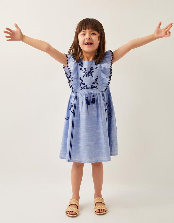 Floral Embroidered Frilly Dress, Blue (BLUE), large