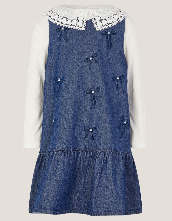 Collar Top & Chambray Bow Dress Set, Blue (BLUE), large