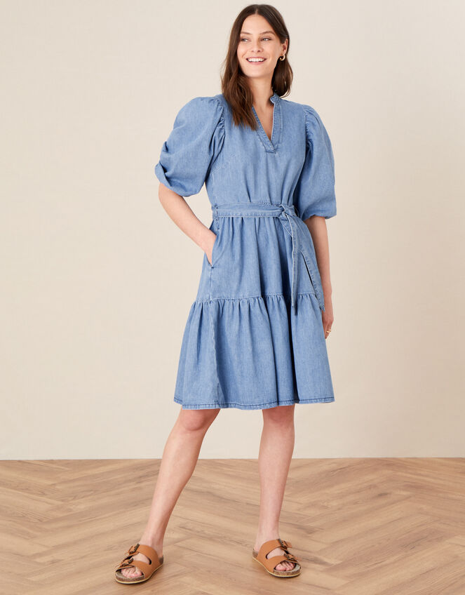 Puff Sleeve Belted Denim Dress, Blue (DENIM BLUE), large