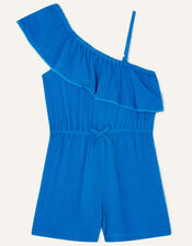 One-Shoulder Pom-Pom Frill Playsuit , Blue (BLUE), large