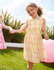 Check Puff Sleeve Dress, Yellow (YELLOW), large