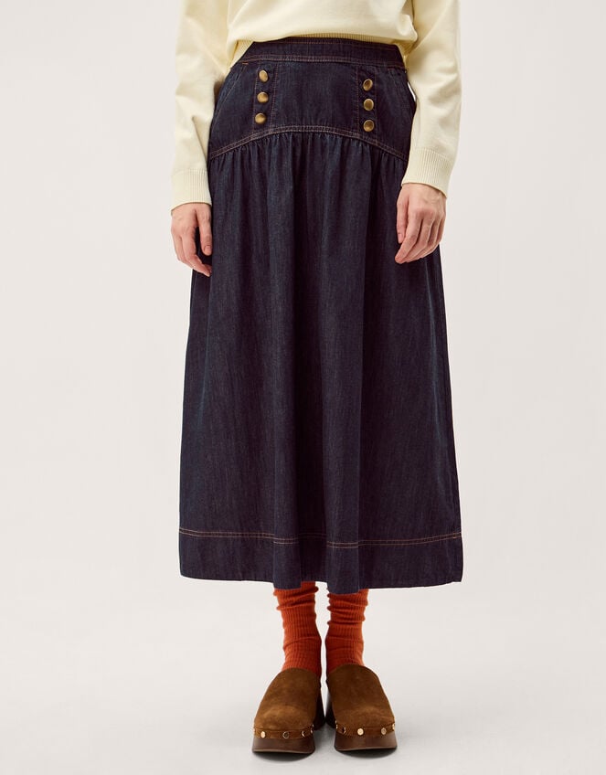 Lucy Button Denim Midi Skirt, Blue (INDIGO), large