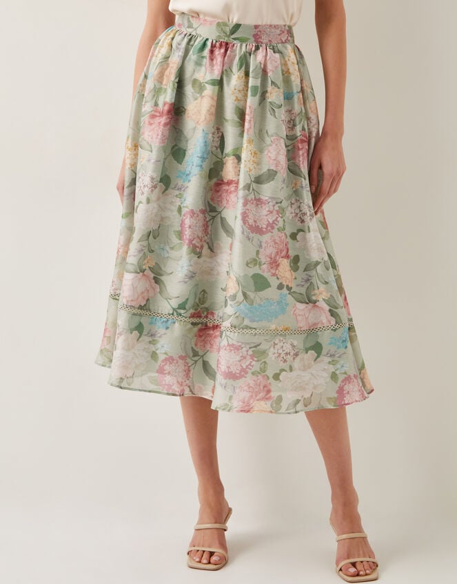 Agnes Floral Print Midi Skirt, Green (SAGE), large