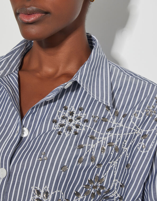 Sherry Embroidered Stripe Shirt, Blue (NAVY), large