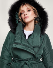 Pauline Padded Fur Hood Coat in Recycled Polyester, Green (GREEN), large