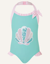 Sequin Shell Halter Swimsuit , Blue (TURQUOISE), large