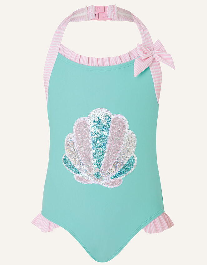 Sequin Shell Halter Swimsuit , Blue (TURQUOISE), large