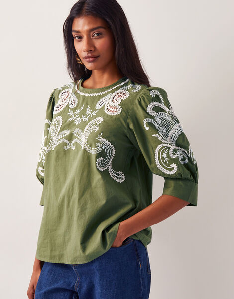 Noemi Embroidered Cotton Top, Green (KHAKI), large