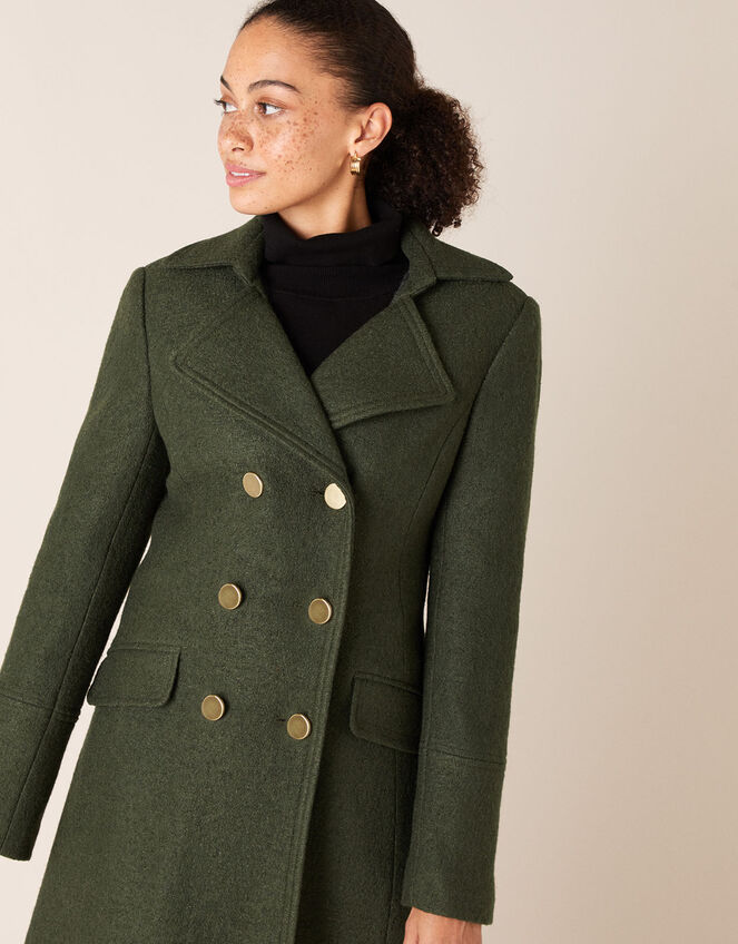 Long Military Coat in Wool Blend, Green (KHAKI), large