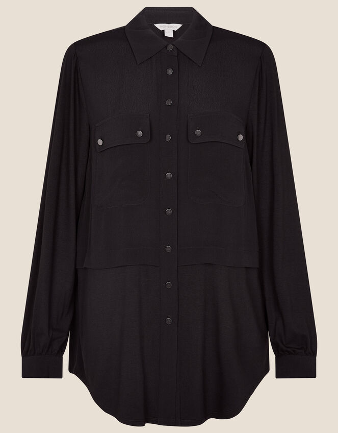 Woven-Jersey Mix Longline Shirt, Black (BLACK), large