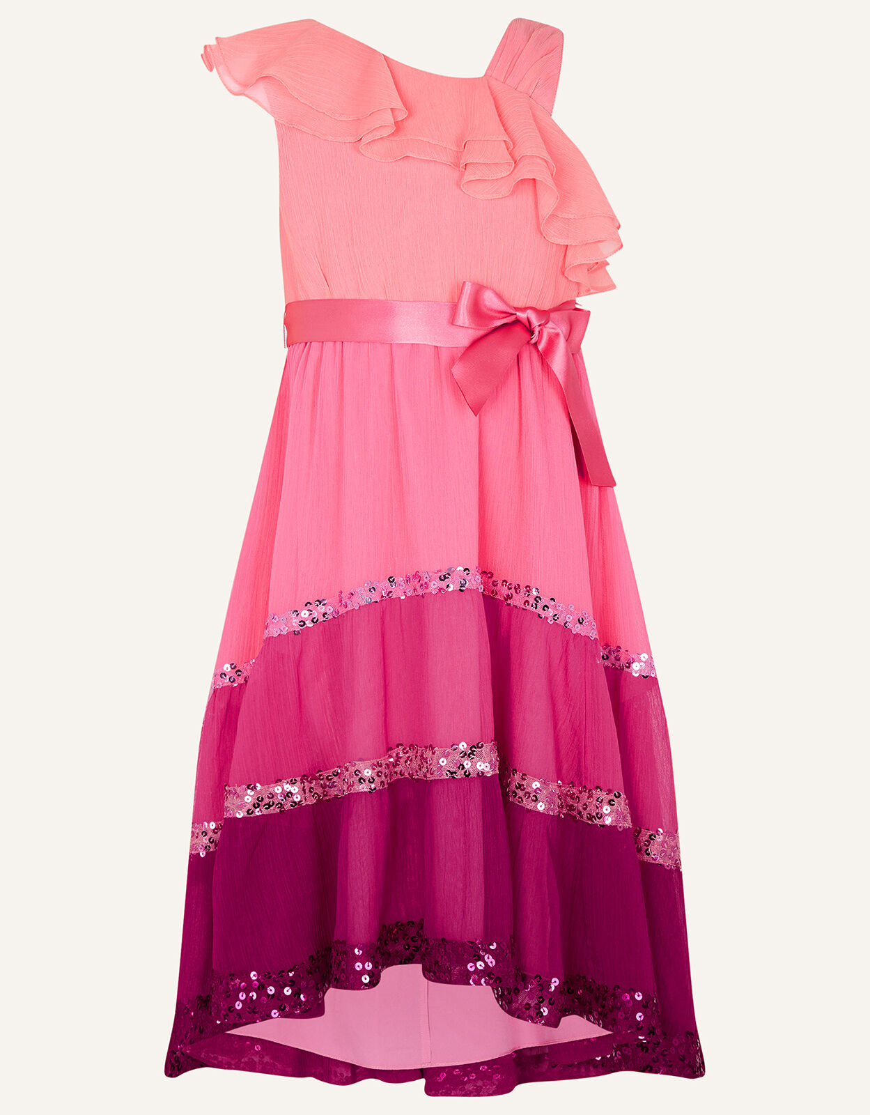 Monsoon Salsa One-Shoulder Tiered Dress in Recycled Polyester Pink