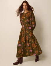 Princella Floral Corduroy Midi Dress, Green (GREEN), large