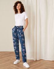 Floral Belted Jersey Trousers, Blue (NAVY), large