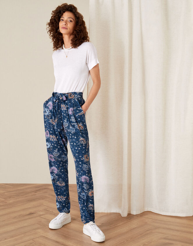 Floral Belted Jersey Trousers, Blue (NAVY), large