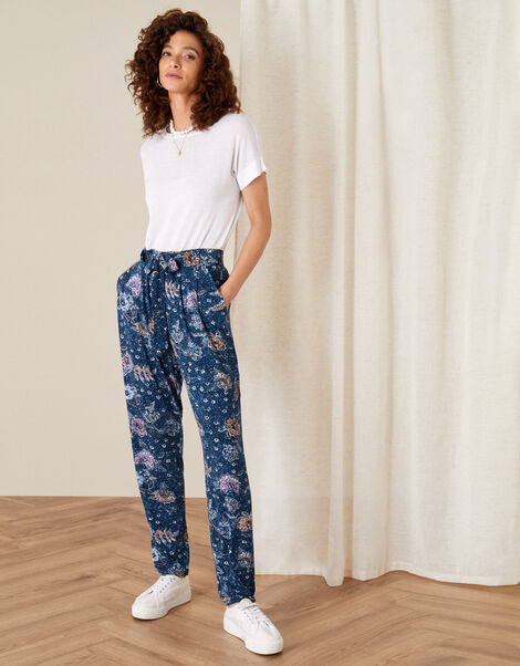 Floral Belted Jersey Trousers Blue, Blue (NAVY), large